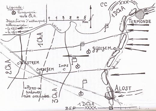 Situatieplan vertragingsopdrachten Ardense Jagers tussen Dender en Schelde mei 1940